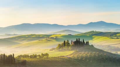 A hazy countryside in Italy.