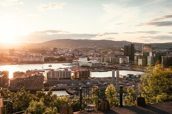 Sun setting on the city of Oslo, Norway