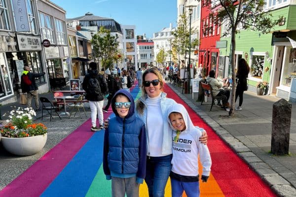 Family on Rainbow Road in Reykjavik, Iceland