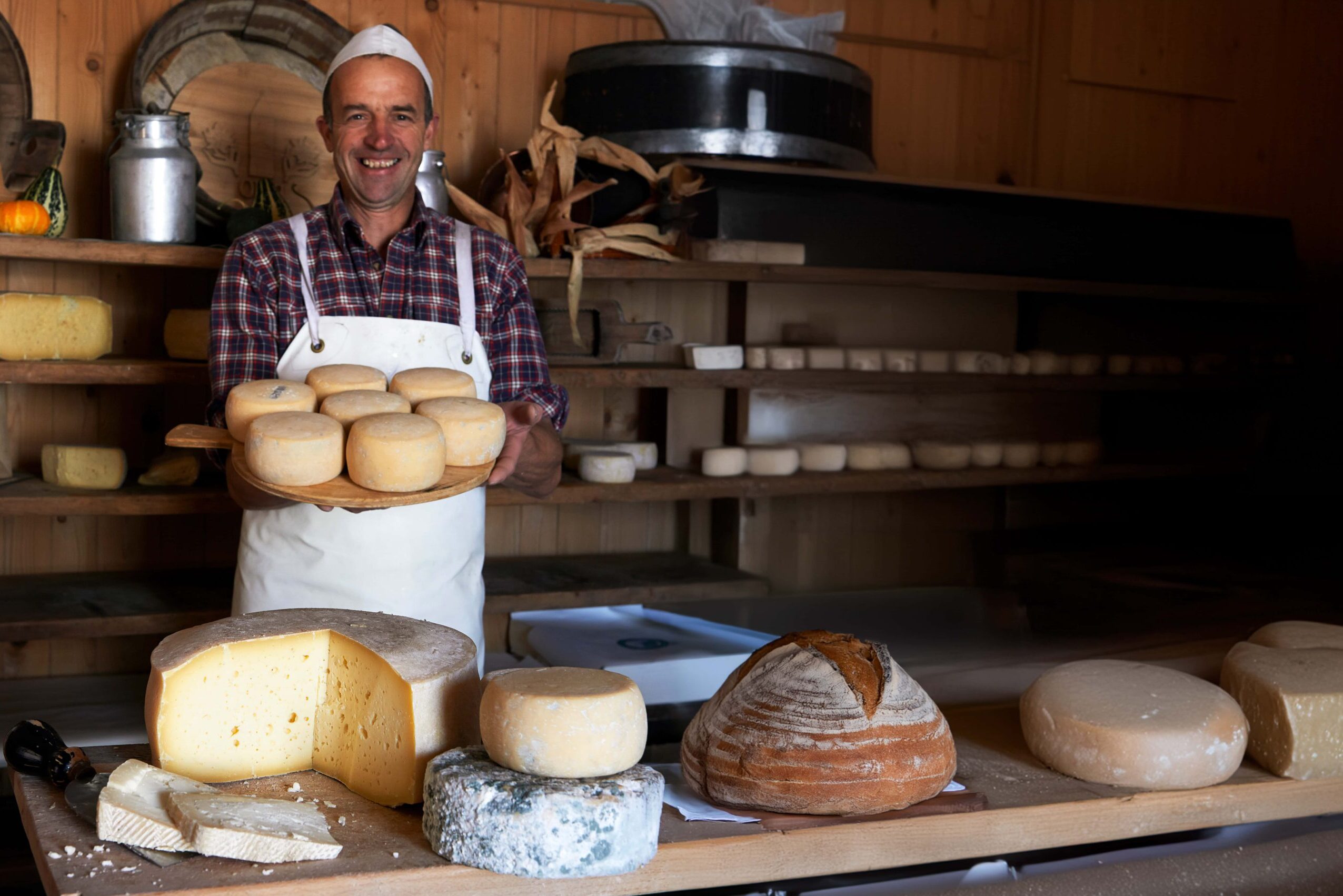 Cheesemonger showing off his Italian cheeses in his rustic shop, Dolomites, Italy.