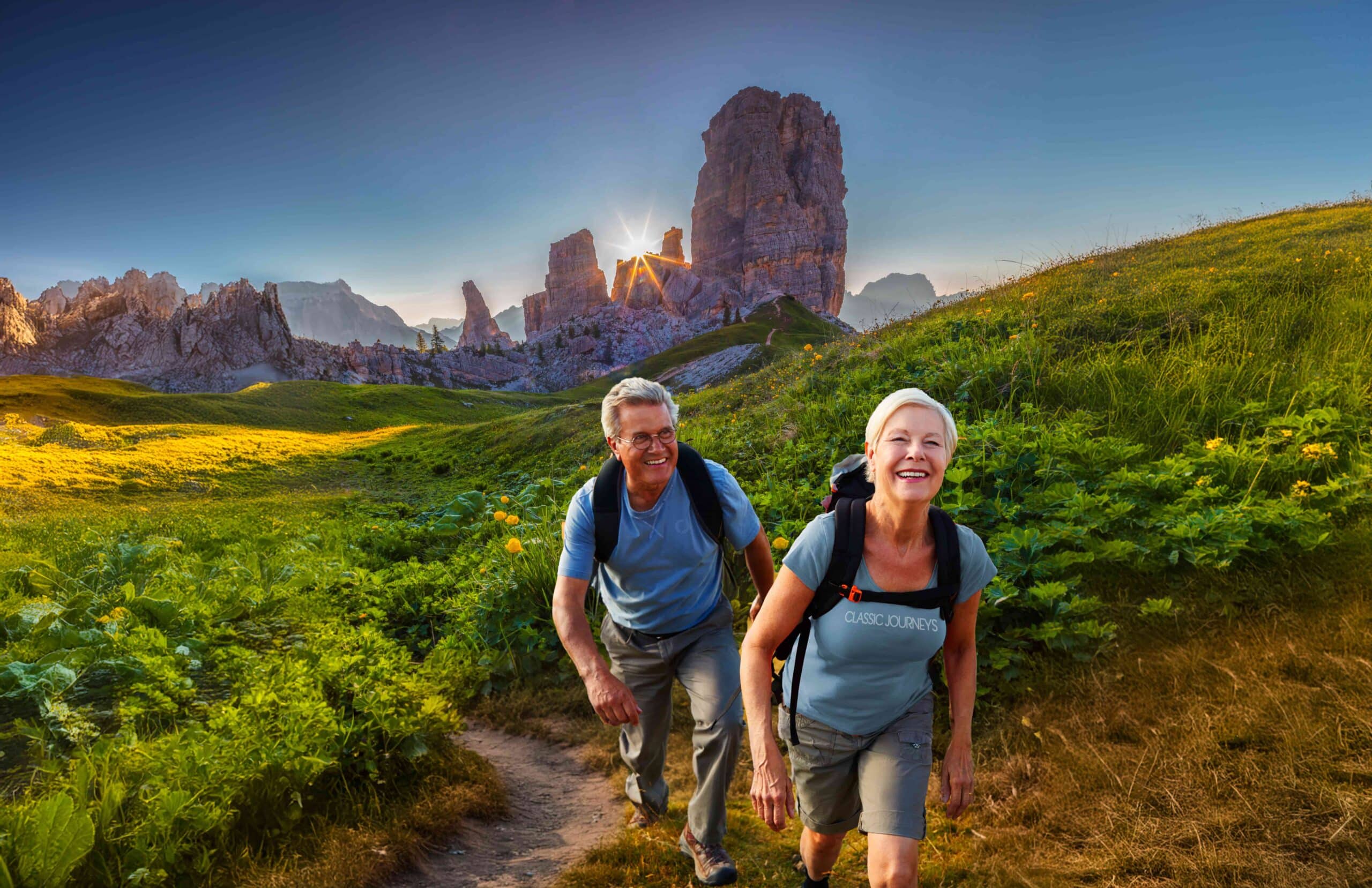 Older couple walking on footpath in front of Cinque Torri, Dolomites, Italy