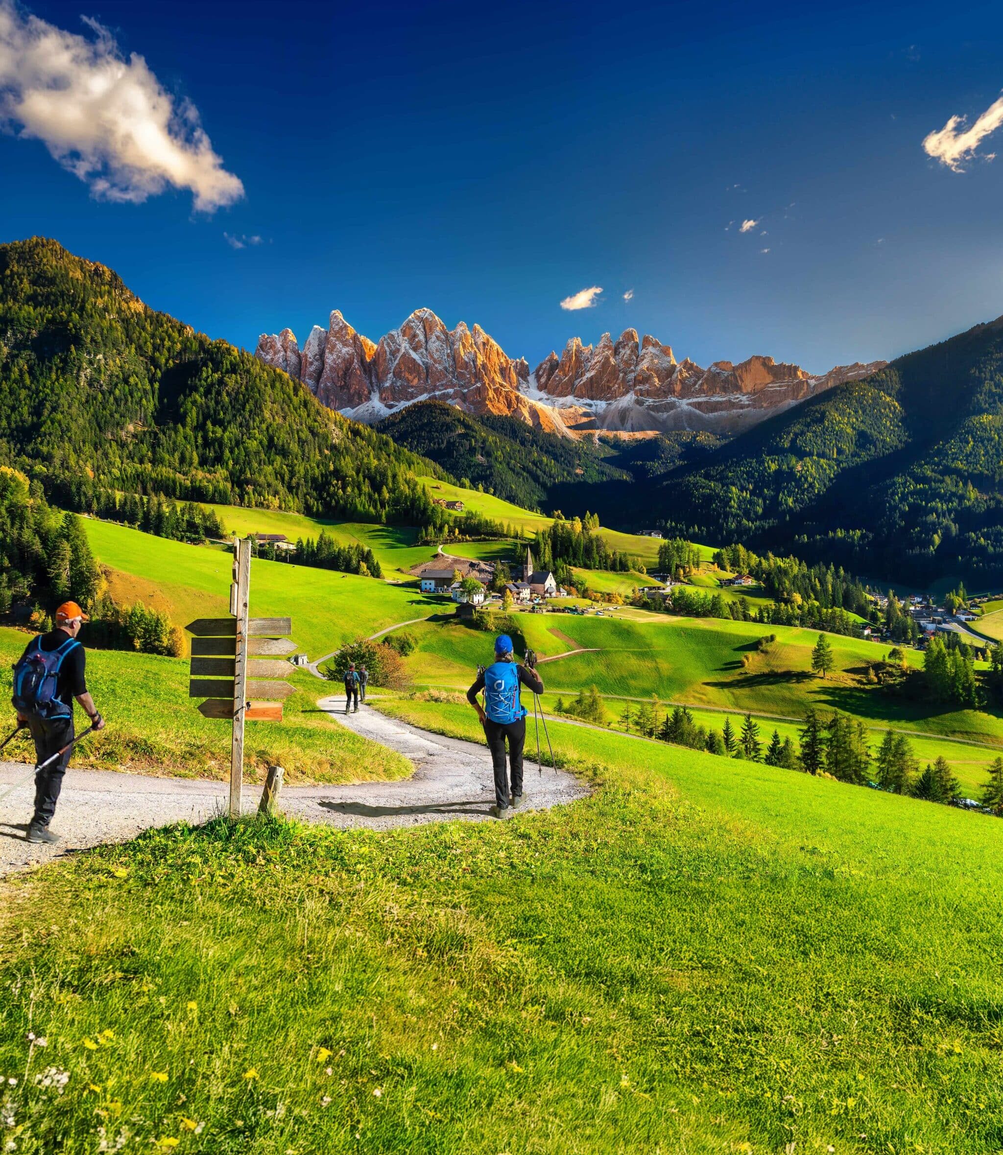 Man and woman walking along a footpath in a high-alpine meadow at the foot of the Dolomites, Italy. 