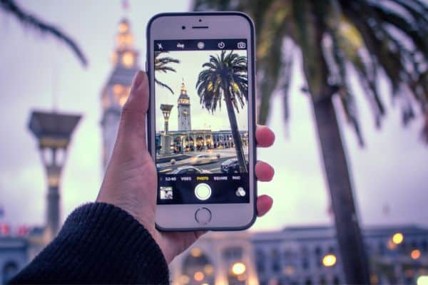 An iphone camera taking a picture of a city with palm trees lined up artisically. 